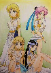 4girls armband ashigaki_radar ass black_hair blonde_hair blue_eyes blue_panties blush breasts brown_eyes bun_cover cleavage clothes_lift collarbone dragon_quest dragon_quest_dai_no_daibouken dress dress_lift earrings female_focus hair_bun hair_ornament hair_ribbon hand_on_own_hip highres jewelry large_breasts loli long_hair looking_at_viewer maam merle_(dai_no_daibouken) multiple_girls nipples panties pantyshot pink_hair pink_panties ponytail princess_leona queen_flora ribbon see-through_clothes single_hair_bun sitting sleeveless sleeveless_dress small_breasts smile standing underwear white_panties