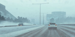 Rule 34 | absurdres, architecture, building, car, cloud, cloudy sky, day, highres, lamppost, motor vehicle, no humans, outdoors, road, science fiction, simon stalenhag, sky, snow, swedish machines, tree