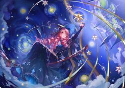 1girl absurdres artist_request black_capelet black_dress black_hat blue_hat broom broom_riding capelet castle chinese_commentary cloud commentary_request crescent crescent_hat_ornament dress drill_hair fireflies floating_hair frilled_capelet frilled_dress frills full_body full_moon hair_over_one_eye hair_over_shoulder happy hat hat_ornament highres light_particles long_dress long_hair long_sleeves looking_at_object miracle_nikki moon night night_sky nikki_(nikki) nikki_(series) open_mouth outdoors pink_eyes pink_hair pleated_dress reaching second-party_source sky smile solo star_(symbol) star_hat_ornament star_print two-sided_fabric two-sided_headwear very_long_hair witch witch_hat