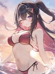 1girl alternate_costume aria_(ariacue) azki_(hololive) backlighting bare_arms bare_shoulders bikini black_choker black_hair breasts choker cleavage closed_mouth commentary cowboy_shot hair_ornament hairclip half_updo halterneck highres hololive long_hair looking_at_viewer medium_breasts multicolored_hair navel one_eye_closed outdoors pink_bikini pink_hair purple_eyes side-tie_bikini_bottom sidelocks skindentation smile solo standing stomach strap_gap streaked_hair string_bikini swimsuit two-tone_hair virtual_youtuber wading water wet