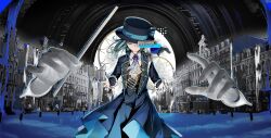 1girl ascot black_background black_coat black_hat black_pants black_vest blue_bow blue_liquid boater_hat bow building closed_eyes coat collared_shirt conductor_baton cowboy_shot disembodied_hand english_text european_architecture facing_viewer grey_hair halftone hat hat_bow highres holding_baton jacknavy pants reverse:1999 sample_watermark shirt short_hair solo vertin_(reverse:1999) vest waistcoat watermark white_ascot white_shirt