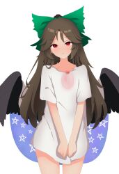 1girl :t absurdres black_wings blue_cape bow brown_hair cape clothes_pull commentary_request cowboy_shot feathered_wings green_bow hair_bow highres long_hair looking_at_viewer naked_shirt oversized_clothes oversized_shirt ponytail pout red_eyes reiuji_utsuho see-through_clothes see-through_shirt shirt shirt_pull short_sleeves simple_background solo stefinat touhou white_background white_cape white_shirt wings