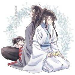 3boys aged_down ahoge back-to-back black_hair black_hanfu bug butterfly child chinese_clothes chinese_text closed_eyes closed_mouth coat dated dual_persona grey_coat grey_eyes hair_down half_updo hanfu happy_birthday headband high_ponytail highres holding_butterfly insect lan_sizhui leaf long_hair long_sleeves looking_down male_focus modao_zushi multiple_boys official_alternate_costume official_alternate_hairstyle ponytail robe sash seiza semiusa1010 sitting smile time_paradox wei_wuxian wei_wuxian_(yiling_laozu) white_hanfu white_headband wide_sleeves xiao_guan_(headdress)