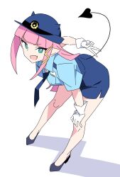 1girl absurdres akuma_de_fukei! anbe_masahiro arm_behind_back black_shoes blue_eyes blue_hat blue_necktie blue_shirt character_request demon_tail full_body gloves hand_on_own_knee hat highres horned_hat leaning_forward necktie official_art pencil_skirt pink_hair pointy_ears police police_hat police_uniform policewoman shadow shirt shoes simple_background skirt solo tail v white_background white_gloves