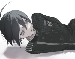 1boy ahoge arms_behind_back black_hair black_jacket brown_eyes buttons d: danganronpa_(series) danganronpa_v3:_killing_harmony double-breasted hair_between_eyes jacket long_sleeves lying male_focus on_side open_mouth saihara_shuichi short_hair simple_background solo striped_clothes striped_jacket sukizukiko white_background