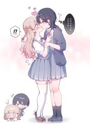 Rule 34 | 2girls, @ @, black hair, black socks, blonde hair, blue hair, blue shoes, brown shoes, closed eyes, commentary request, dress, ear piercing, french kiss, grey dress, highres, holding another&#039;s wrist, kiss, multicolored hair, multiple girls, neck ribbon, original, piercing, pinafore dress, pink background, pink eyes, purple eyes, purple ribbon, ribbon, shoes, skindentation, sleeveless, sleeveless dress, socks, speech bubble, streaked hair, thighhighs, thought bubble, tongue, tongue out, translation request, white background, white thighhighs, wolf cut, yaruyaru art, yuri