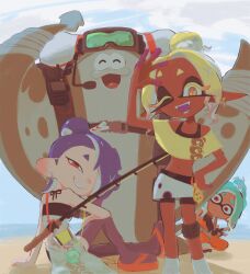 1boy 3girls absurdres big_man_(splatoon) big_man_(splatoon_raiders) blonde_hair blue_hair cephalocrow chest_sarashi colored_eyelashes crop_top dark-skinned_female dark_skin fangs fish_hook_earrings fishing_rod frye_(splatoon) frye_(splatoon_raiders) gloves goggles goggles_on_head gradient_hair hair_over_one_eye highres inkling jewelry manta_ray mechanic_(splatoon_raiders) multicolored_hair multiple_girls nintendo octoling one_eye_closed open_mouth pointy_ears red_eyes sandals sarashi shiver_(splatoon) shiver_(splatoon_raiders) shorts sitting smile splatoon_(series) splatoon_raiders tentacle_hair thighhighs yellow_eyes