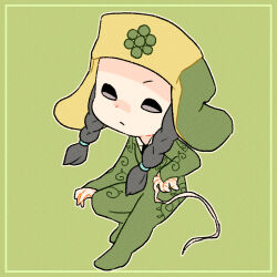 1boy black_eyes black_hair black_necktie braid chibi closed_mouth collared_shirt commentary commentary_request floral_print full_body grape_hat_ornament green_background green_hat green_jumpsuit hat highres jojo_no_kimyou_na_bouken jojolion jumpsuit leg_up long_hair long_sleeves m_a_a_m_8 male_focus mamezuku_rai necktie outline shirt solo twin_braids twintails two-tone_hat ushanka white_outline white_shirt yellow_hat