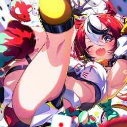 Rule 34 | 1girl, ;d, animal ears, armpits, arms up, asymmetrical legwear, black choker, black gloves, black hair, blush, bow, breasts, choker, clothes writing, dice, dot nose, fang, gloves, green bow, hakos baelz, hakos baelz (1st costume), highres, hololive, hololive english, jewelry, key, key necklace, kneehighs, legs up, looking at viewer, miniskirt, mismatched legwear, mouse (animal), mouse ears, mouse girl, mouse tail, multicolored eyes, multicolored hair, multicolored skirt, necklace, off-shoulder shirt, off shoulder, one eye closed, open mouth, red hair, revision, shirt, sho me 1853, skin fang, skirt, small breasts, smile, socks, solo, streaked hair, stuffed animal, stuffed toy, sweatdrop, tail, tail bow, tail ornament, thighs, virtual youtuber, white hair, white shirt