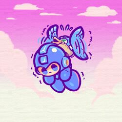 Rule 34 | 1boy, beat (mega man), blue helmet, full body, helmet, highres, laser-lance, male focus, mega man (character), mega man (classic), mega man (series), midair, non-humanoid robot, pink sky, robot, robot animal, robot bird, sky, trembling