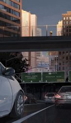 Rule 34 | 1other, beanie, black hair, blue sky, bridge, building, car, city, english text, faceless, flag, from below, fruiitlins, hat, highres, lamppost, motor vehicle, original, outdoors, railing, road, road sign, scenery, sign, sky, skyscraper, street, sunglasses, sunrise, train, walking