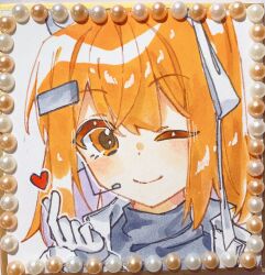 1girl a.i._voice adachi_rei border closed_mouth commentary finger_heart gem hamano_yui hand_up headset heart highres looking_at_viewer one_eye_closed orange_eyes orange_hair pearl_(gemstone) portrait shikishi smile solo traditional_media utau