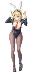 1girl @_@ absurdres animal_ear_hairband animal_ears black_nails blonde_hair blue_eyes blush breasts cleavage collarbone detached_collar dungeon_ni_deai_wo_motomeru_no_wa_machigatteiru_darou_ka elf fake_animal_ears green_eyes hair_between_eyes hairband highres large_breasts leotard nail_polish necktie open_mouth pantyhose playboy_bunny pointy_ears rabbit_ears rabbit_pose red_necktie ryu_lion sidelocks simple_background solo standing tight_(ohmygod) white_background