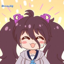 Rule 34 | 1girl, ahoge, battle girl high school, blue neckerchief, blush stickers, brown hair, chibi, chibi only, closed eyes, collarbone, facing viewer, grey jacket, hair between eyes, hair ornament, hairclip, highres, hood, hood down, hooded jacket, jacket, neckerchief, nna btg, school uniform, smile, solo, tsubuzaki anko, twintails, twitter username