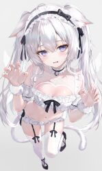 Rule 34 | 1girl, absurdres, animal ear fluff, animal ears, bare shoulders, black bow, blue eyes, blush, bow, breasts, cleavage, cleavage cutout, clothing cutout, collar, cropped shirt, garter straps, hair between eyes, hair ornament, headdress, high heels, highres, long hair, looking at viewer, medium breasts, mihasu, miniskirt, navel, original, purple eyes, shirt, sidelocks, simple background, skirt, solo, stomach, tail, thighhighs, white background, white hair, white skirt, white thighhighs, wrist cuffs