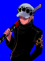 1boy adzumoto bags_under_eyes black_coat blue_background closed_mouth coat expressionless fingernails hand_in_pocket hat highres holding holding_sword holding_weapon long_sideburns long_sleeves male_focus one_piece sideburns simple_background solo sword trafalgar_law upper_body weapon white_hat yellow_eyes