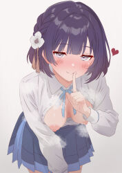 Rule 34 | 1girl, absurdres, blue overskirt, blue ribbon, blue skirt, blunt bangs, blush, braid, breasts, breasts apart, flower, gakuen idolmaster, hair flower, hair ornament, hataya misuzu, hatsuboshi gakuen school uniform, heart, highres, idolmaster, leaning forward, long sleeves, looking at viewer, mana (uyvh7375), medium breasts, neck ribbon, nipples, open clothes, open shirt, pleated skirt, purple hair, ribbon, school uniform, shirt, short hair, simple background, skirt, smile, solo, white shirt