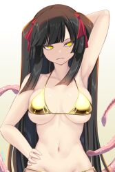 1girl absurdres arm_up armpits bikini black_hair breasts commentary_request gold_bikini hair_ribbon hand_on_own_hip highres hime_cut hiruko_(mon-musu_quest!) large_breasts long_hair looking_at_viewer mon-musu_quest! mon-musu_quest:_paradox monster_girl navel red_ribbon ribbon scylla sharp_teeth shiki_(psychedelic_g2) simple_background slit_pupils solo swimsuit teeth tentacles very_long_hair yellow_eyes