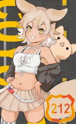 Rule 34 | 1girl, animal ears, bare shoulders, belt, blonde hair, camisole, coyopotato, coyote (kemono friends), extra ears, highres, jacket, kemono friends, kemono friends v project, llb, looking at viewer, navel, short hair, simple background, skirt, tail, thighhighs, virtual youtuber, wolf ears, wolf girl, wolf tail, yellow eyes