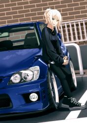 1girl absurdres black_shoes black_sweater blonde_hair blue_car breasts brick_wall can car hair_behind_ear highres holding holding_can looking_at_viewer love_live! love_live!_nijigasaki_high_school_idol_club medium_breasts miyashita_ai motor_vehicle open_mouth orange_eyes ponytail s_sho_mkrn shoes sitting smile sneakers solo spoiler_(automobile) sweater toyota toyota_altezza