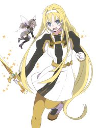 Rule 34 | 2girls, alice zuberg, armor, belt, blonde hair, blue eyes, braid, breasts, brown hair, bwave968, eydis (sao), fairy, fairy wings, gloves, highres, long hair, looking at viewer, medium breasts, multiple girls, open mouth, pantyhose, parted bangs, parted lips, red eyes, sword, sword art online, sword art online: alicization, sword art online the movie: ordinal scale, very long hair, weapon, white background, white gloves, wings