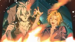 2boys :d animal_ears black_shirt blonde_hair breast_pocket coin collar fangs fire furry furry_male hashtag-only_commentary hugo_vlad looking_at_another lpp_evemace male_focus mole mole_under_eye multiple_boys open_mouth partially_unbuttoned pectoral_cleavage pectorals pocket pointy_ears purple_shirt red_eyes shirt short_hair smile spiked_collar spikes von_lycaon white_fur white_hair wolf_boy wolf_ears zenless_zone_zero