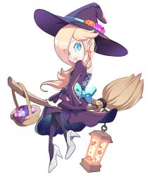 1girl basket blonde_hair bodice bow bright_pupils broom broom_riding candy chain dress ear_piercing food frilled_dress frills hair_over_one_eye hat high_heels hoshikuzu_pan lantern long_hair mario_(series) mario_kart mario_kart_tour nintendo piercing purple_hat rosalina rosalina_(halloween) sitting smile solo white_background white_pupils witch