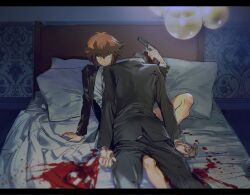 2boys bed bed_sheet blazer blood blood_on_clothes blood_on_ground brown_hair cocaduel formal_clothes gun guro headshot highres holding holding_gun holding_weapon implied_murder jacket lights lying_on_another male_focus multiple_boys no_pants on_bed open_clothes open_jacket pillow suit weapon yellow_eyes yu-gi-oh! yu-gi-oh!_gx yuki_judai