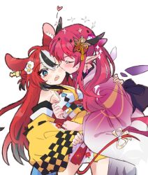 2girls animal_ears black_hair blue_eyes blush detached_sleeves flower hair_flower hair_ornament hakos_baelz hakos_baelz_(new_year) hololive hololive_english horns irys_(hololive) irys_(new_year)_(hololive) japanese_clothes kimono kiss kissing_cheek long_hair mouse_ears mouse_girl mouse_tail multicolored_hair multiple_girls official_alternate_costume pink_kimono pointy_ears ramphastostella red_hair simple_background streaked_hair tail virtual_youtuber white_background white_hair yuri
