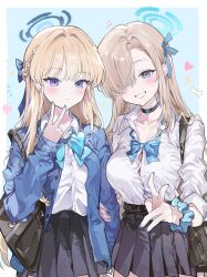 Rule 34 | 0202ase, 2girls, absurdres, animal ears, asuna (blue archive), black skirt, blonde hair, blue archive, blue bow, blue bowtie, blue cardigan, blue eyes, blue hair, blue halo, blue nails, blue scrunchie, blush, bow, bowtie, braid, breasts, buttons, cardigan, cleavage, closed mouth, collared shirt, cowboy shot, fingernails, grin, halo, highres, large breasts, long hair, long sleeves, looking at viewer, multicolored hair, multiple girls, nail polish, pleated skirt, school uniform, scrunchie, shirt, skirt, smile, streaked hair, toki (blue archive), toki (school uniform) (blue archive), v, white shirt, wrist scrunchie