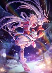1girl ahoge boots capelet christmas detached_sleeves dress floating_hair fur-trimmed_boots fur-trimmed_capelet fur_trim hair_rings highres inari_kei layered_dress long_hair looking_up matoi_(pso2) multicolored_dress open_mouth outstretched_arms phantasy_star phantasy_star_online_2 red_capelet red_dress red_eyes sleeveless snowing spread_arms standing standing_on_one_leg thighhighs twintails very_long_hair white_dress