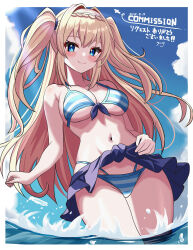 1girl absurdres bikini blonde_hair blue_bikini blue_eyes blue_skirt blue_sky breasts clothes_lift cloud commission cowboy_shot front-tie_bikini_top front-tie_top highres looking_at_viewer medium_breasts navel original skeb_commission skirt skirt_lift sky smile solo striped_bikini striped_clothes swimsuit two_side_up wading water yanapy