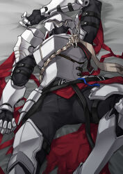 1boy absurdres arknights arm_up armor bed_sheet black_pants breastplate commentary_request full_armor gauntlets helm helmet highres lying male_focus on_back pants red_scarf sankta_miksaparato_(arknights) scarf sokimi_(sosojovan) solo
