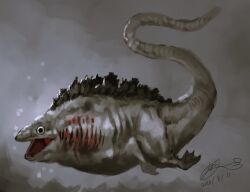 Rule 34 | bubble, giant, giant monster, godzilla, godzilla (series), hanekura bou, kaiju, long tail, monster, open mouth, sea monster, shin godzilla, simple background, spikes, swimming, tail, toho, very long tail, white background