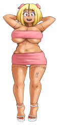 Rule 34 | 1girl, absurdres, animal ears, bimbofication, blonde hair, body writing, boku no hero academia, breasts, cut-here line, eyebrows, gyaru, heart, heart-shaped pupils, high heels, highres, large breasts, miniskirt, nail polish, navel, nose hook, panties, pig ears, shakuraya, skirt, solo, strapless, symbol-shaped pupils, tan, toenail polish, toenails, tube top, underboob, underwear, uraraka ochako, white panties