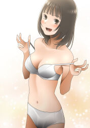 Rule 34 | 1girl, bare shoulders, bra, bra pull, breasts, brown eyes, brown hair, clothes pull, collarbone, commentary request, crying, crying with eyes open, dutch angle, highres, lower teeth only, medium breasts, navel, open mouth, original, panties, pen-racket, solo, tears, teeth, underwear, underwear only, white bra, white panties