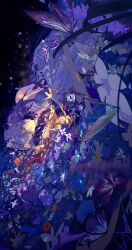 1girl absurdres bare_shoulders black_tiara bug butterfly castorice_(honkai:_star_rail) elbow_gloves flower gloves highres honkai:_star_rail honkai_(series) insect looking_at_viewer pointy_ears purple_butterfly purple_eyes purple_hair skavenprime smile solo tiara