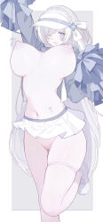 1girl absurdres arm_up azur_lane blue_eyes bouncing_breasts braid breasts censored choker cleavage colored_nipples colored_skin cropped_jacket foot_out_of_frame grey_choker grey_jacket hair_ribbon heart highleg highleg_panties highres holding holding_pom_poms huge_breasts jacket large_variant_set londom_(lonhomewell) long_hair microskirt mosaic_censoring navel nipples open_clothes open_jacket open_mouth panties pom_pom_(cheerleading) pom_poms revealing_clothes ribbon skindentation skirt solo standing standing_on_one_leg tb_(azur_lane) thigh_strap underwear variant_set very_long_hair white_hair white_nipples white_ribbon white_skin white_skirt white_sneakers white_theme
