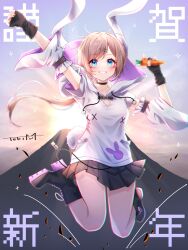 1girl artist_name belt_buckle black_shoes black_skirt blonde_hair blue_eyes blush buckle carrot clothing_cutout collarbone detached_sleeves drawstring eyelashes facial_mark grin hair_ornament hairclip highres holding holding_carrot hood hoodie jumping mountain nengajou new_year original pleated_skirt rabbit_tail shoes skirt smile solo sunrise tail teeth toki_(toki_ship8) white_hoodie white_sleeves wide_sleeves