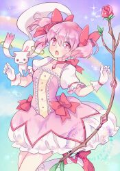 1girl ankle_bow ankle_ribbon blue_sky bow bow_(weapon) bow_choker bright_pupils bubble bubble_skirt buttons center_frills chest_jewel choker cloud collarbone commentary_request creature_on_arm day dot_nose dress dress_bow eyelashes floating_hair flower frilled_dress frilled_skirt frilled_sleeves frilled_socks frills gem gloves gradient_sky hair_between_eyes hair_bow haru_meguru high_heels highres jumping kaname_madoka kaname_madoka_(magical_girl) kneehighs kyubey leg_ribbon light_blush magical_girl mahou_shoujo_madoka_magica mahou_shoujo_madoka_magica_(anime) miniskirt open_mouth outdoors partial_commentary pink_dress pink_eyes pink_flower pink_gemstone pink_hair pink_rose puffy_short_sleeves puffy_sleeves pumps rainbow red_bow red_choker red_shoes ribbon rose shoes short_dress short_hair short_sleeves short_twintails skirt skirt_under_dress sky socks square_neckline surprised tareme twintails watermark weapon white_gloves white_skirt white_sleeves white_socks yellow_pupils