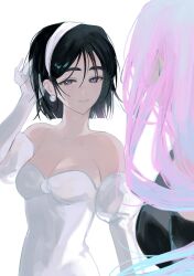 2girls absurdres alien_stage bare_shoulders black_dress black_hair blue_hair bob_cut breasts cleavage closed_mouth commentary detached_sleeves dress earrings elbow_gloves english_commentary gloves hairband highres jenur_datc jewelry juliet_sleeves long_hair long_sleeves mizi_(alien_stage) multicolored_hair multiple_girls out_of_frame pearl_earrings pink_hair puffy_sleeves purple_eyes short_hair smile sphere_earrings strapless strapless_dress sua_(alien_stage) tucking_hair two-tone_hair white_gloves white_hairband