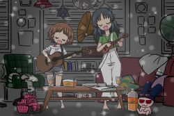 2girls acoustic_guitar black_hair bra_strap brown_hair chair closed_eyes collarbone disco_ball freckles girls_und_panzer globe green_shirt guitar gundam gundam_gquuuuuux holding holding_guitar holding_instrument holding_ukulele instrument long_hair m3_lee military_vehicle motor_vehicle multiple_girls music ooarai_school_uniform overalls parody phonograph rabbit sakaguchi_karina school_uniform serafuku shirt short_hair short_shorts shorts singing sleeves_rolled_up strap_slip stuffed_animal stuffed_toy takahashi_kurage tank toy unworn_clothes white_overalls white_serafuku white_shirt yamagou_ayumi