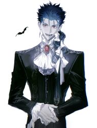 Rule 34 | 1boy, absurdres, ascot, bat (animal), blue hair, braid, brooch, cu chulainn (caster) (fgo fes. 2025) (fate), earrings, fangs, fate/grand order, fate (series), gem, hair ribbon, highres, jacket, jewelry, long hair, long sleeves, looking at viewer, male focus, metama, open mouth, red brooch, red eyes, red gemstone, ribbon, shirt, simple background, single braid, smile, solo, upper body, white ascot, white background