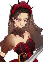 1girl black_dress black_gloves black_hair black_veil blankcharti bob_cut breasts bright_pupils buttons center_frills closed_mouth commentary curtained_hair dress elbow_gloves english_commentary flower frilled_dress frills gem gloves hair_flower hair_ornament holding holding_sword holding_weapon inverted_bob looking_ahead lower_eyelashes_only medium_breasts mole mole_under_eye puffy_short_sleeves puffy_sleeves red_eyes red_flower red_gemstone red_rose roblox rose royal_rebel royale_high see-through_clothes see-through_sleeves serious short_hair short_sleeves simple_background slit_pupils solo sword upturned_eyes veil weapon white_background white_pupils