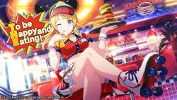 1girl ;q ahoge bar_stool bare_legs blonde_hair blue_eyes breasts burger buttons cleavage collared_shirt commentary_request crop_top crossed_legs day diner drop_shadow english_text food foreshortening french_fries frilled_skirt frills game_cg hachimiya_meguru hair_flaps halftone hand_to_own_mouth hanging_light hat highres holding holding_tray idolmaster idolmaster_shiny_colors indoors large_breasts legs light_rays long_hair looking_at_viewer midriff neck_ribbon official_art one_eye_closed oversized_food oversized_object pinstripe_pattern ponytail red_hat red_shirt red_skirt ribbon roller_skates shelf shirt short_sleeves sitting skates skirt smile solo sparkle star_(symbol) stool striped tile_wall tiles tongue tongue_out tray visor_cap waist_ribbon waitress white_ribbon white_wrist_cuffs wrist_cuffs yellow_ribbon