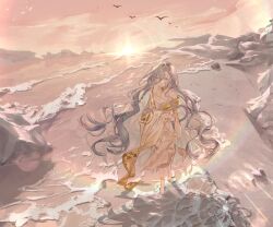 1girl 37_(reverse:1999) barefoot beach bird dawn long_hair nyangji ocean reverse:1999 very_long_hair