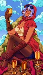 Rule 34 | 1girl, alcohol, breasts, chalice, cigarette, cleavage, cup, dark-skinned female, dark skin, eyewear on head, gloves, highres, hood, jojo no kimyou na bouken, mariah (jojo), pantyhose, solo, sunglasses, tariah furlow, white hair, wine