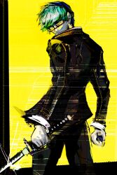 1boy black-framed_eyewear black_border black_jacket black_pants blazer border clenched_hands covered_mouth dress_shirt facing_away facing_to_the_side glint green_hair grey_eyes grey_hair highres holding holding_sword holding_weapon jacket kyezzzz looking_at_viewer male_focus narukami_yu open_clothes open_jacket pants partially_colored persona persona_4 popped_collar semi-rimless_eyewear shirt smudge sword turning_head under-rim_eyewear weapon white_shirt yellow_background yellow_trim