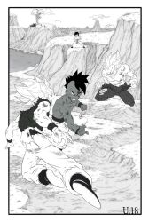 1girl 3boys black_eyes black_hair blonde_hair blood cheering dark-skinned_male dark_skin dragon_ball dragon_ball_multiverse fighting_stance multiple_boys muscular muscular_male pan_(dragon_ball) scratches serious son_goku sparring super_saiyan torn_clothes training uub vegeta