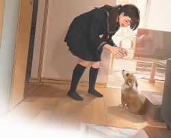 1girl black_socks brown_hair closed_eyes commentary_request dog hair_ornament hairclip long_sleeves morifumi open_mouth original pleated_skirt ponytail sailor_collar school_uniform serafuku skirt slice_of_life smile socks standing welsh_corgi wooden_floor